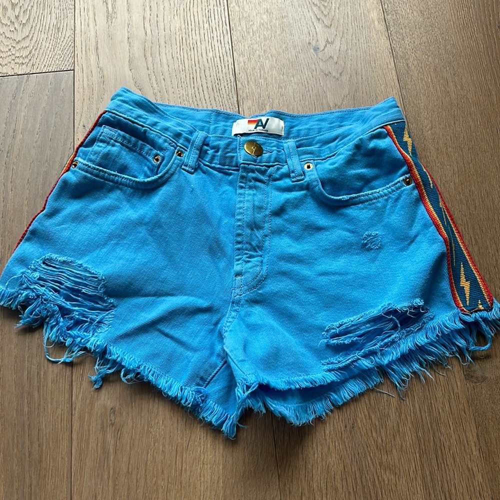 Aviator Nation Bolt Stripe Boyfriend Cut Off Jean Shorts in Sky